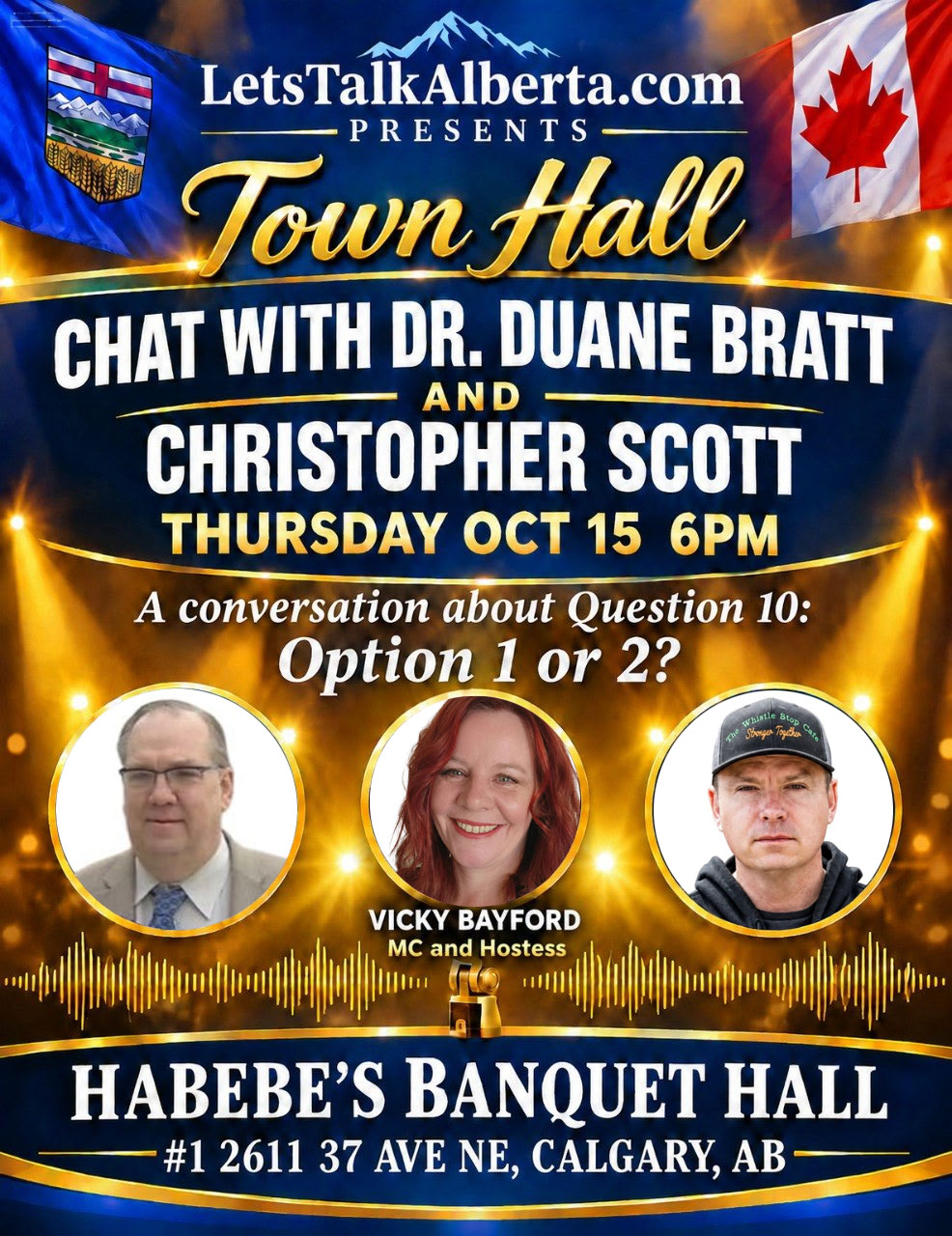 Official flyer: Let's Talk Alberta Town Hall, chat with Dr. Duane Bratt and Christopher Scott, Thursday October 15 at 6 pm, a conversation about Question 10: Option 1 or 2?, MC and hostess Vicky Bayford, Habebe's Banquet Hall, #1 2611 37 Ave NE, Calgary, AB
